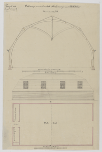 214952 Doorsnede, opstand en plattegrond van een ontworpen gebouw voor een hulpmanege voor de Veldartillerie aan de ...